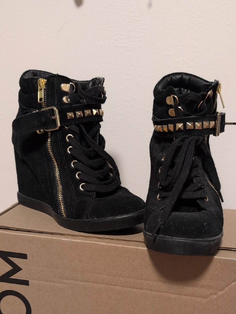 Steve Madden Black Wedge Sneakers with Gold Studs